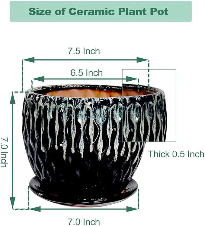 vensovo 7.5 Inch Ceramic Plant Pot with Drainage Holes and Saucer - Large Round Orchid Pot for Indoor Repotting, Ceramic Planter Maintain air Circulation, Black by GreenHaven Gardens