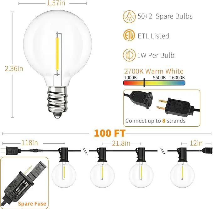 Svater Outdoor String Lights Waterproof 100 FT, LED Patio Lights Outside with 52 Shatterproof G40 Bulbs, Dimmable Hanging Globe Lighting for Bistro Backyard Cafe Market Porch, Warm White 2700K by GreenHaven Gardens