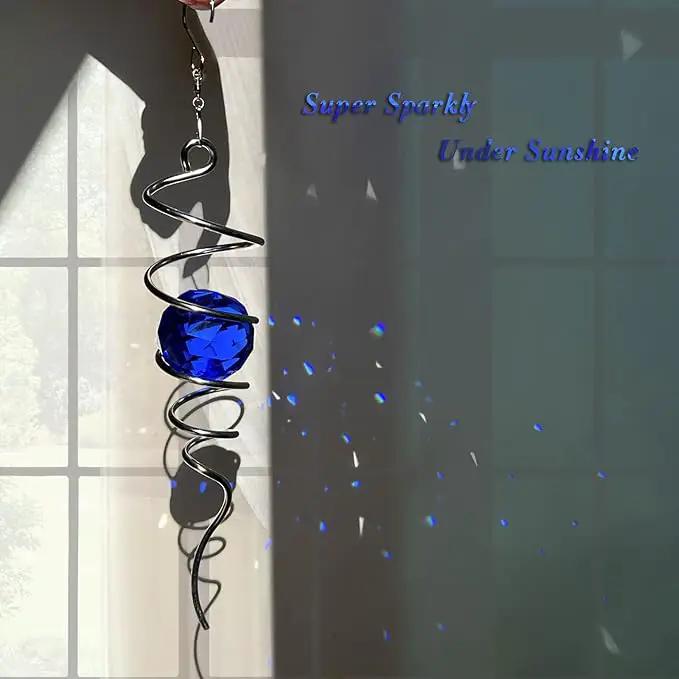 FONMY Gazing Ball Spiral Tail -Decorative Wind Spinner Sun Catcher Rainbow Maker 11 inch Tail and 2 inch Dark Blue Crystal Orb. Indoor Outdoor Garden Decoration -13 inch Height by GreenHaven Gardens