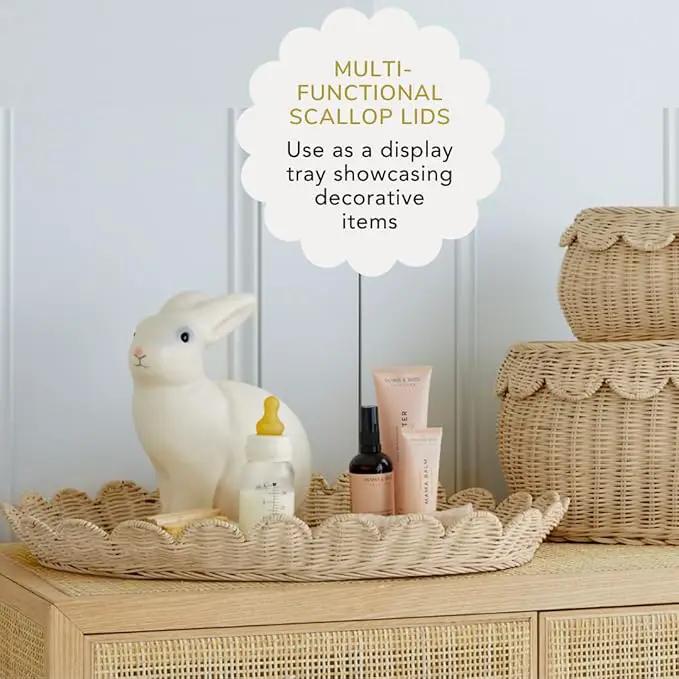 BEBE BASK Large Scalloped Basket Set Of 3 - Hand-Woven & Award-Winning Scallop Basket - XL - Extra Large for Blankets 22 x 16 x 10 In - Elegant Wicker With Scalloped Edge Lid (Natural) by GreenHaven Gardens