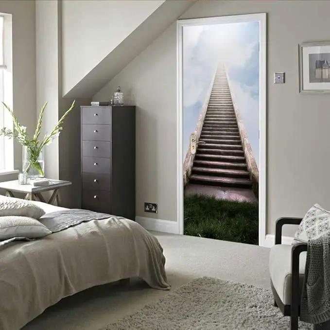 3D Door Stickers Murals - Stairs - Peel and Stick - Waterproof & Washable - Matt Finish - Modern Style - White - 31.5" x 78.7" (2 PARTS) by GreenHaven Gardens