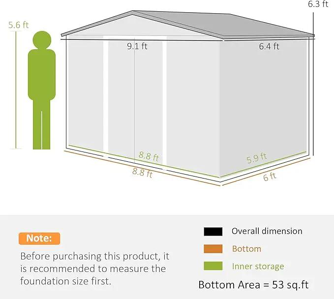 Outsunny 9' x 6' Outdoor Storage Shed, Garden Tool Metal Shed with Foundation Kit, Double Lockable Door, Air Vents and Sloping Roof, for Backyard, Patio, Lawn, Green by GreenHaven Gardens