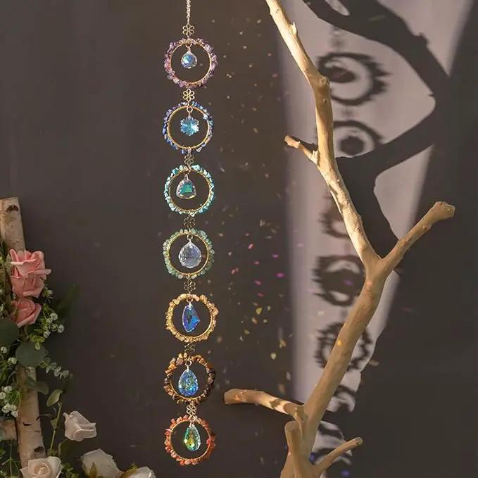 Crystal Sun Catcher Window Hanging 7 Chakra Spheres Gemstone Decor Hanging Ornament Natural Gem Wall Hangings Healing Crystal Decor Handmade Home Window Car Decoration Gift for Mom by GreenHaven Gardens