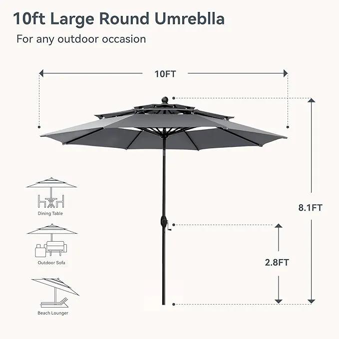 PHI VILLA 10ft Outdoor Patio Umbrellas for Outside, 3 Tier Vented Market Table Umbrella Windproof for Backyard, Deck, Garden, 1.5" Pole, Grey（No Base） by GreenHaven Gardens