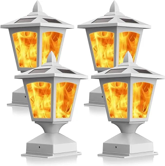 Solar Post Flame Light,Outdoor Deck Fence Post Cap LED Light,Waterproof 4x4 5x5 6x6 White Post Top Solar Powered Light with Flickering Flame for Garden Outside, 4 Pack by GreenHaven Gardens