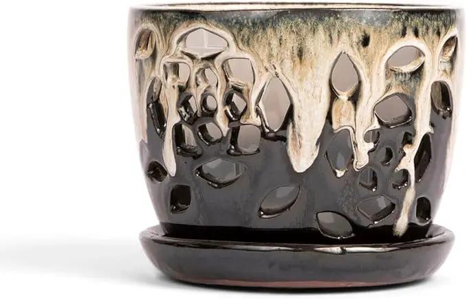 rePotme 5 inch Floral Cutout Ceramic Orchid Pot (Honey Cream Over Coffee) by GreenHaven Gardens