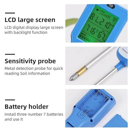 6-in-1 Soil Moisture Meter Digital PH Meter/Soil Moisture/Plant Temperature/Sunlight Intensity, Backlight LCD Display, Soil Test Meter for Garden, Lawn, Plant Care (Blue) by GreenHaven Gardens