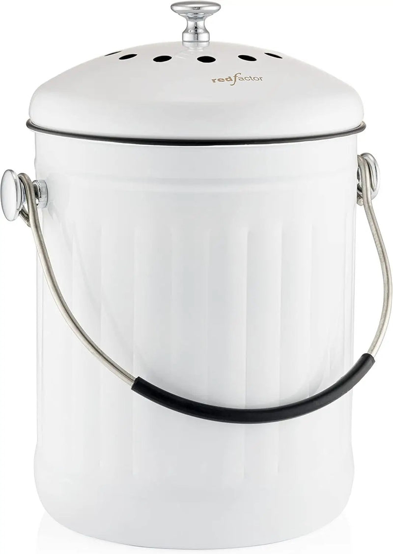 RED FACTOR Premium Compost Bin for Kitchen Countertop - Stainless Steel Food Waste Bucket with Innovative Dual Filter Technology - Includes Spare Filters (White, 1.3 Gallon) by GreenHaven Gardens
