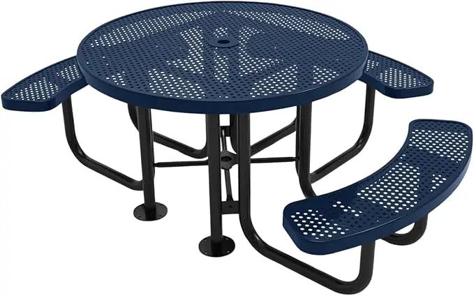 Heavy-Duty Portable Outdoor Picnic Table with Umbrella Hole, Punched Steel Patio Dining Furniture Made in America (46" Round Top, Textured Dark Blue) by GreenHaven Gardens