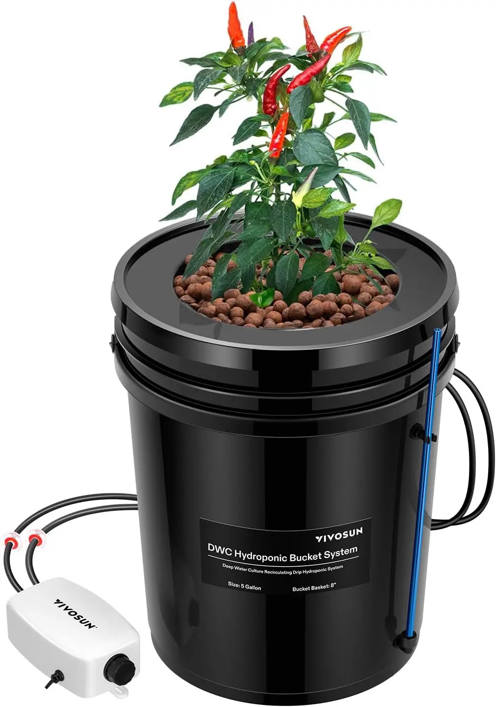 VIVOSUN DWC Hydroponics Grow System with Top Drip Kit, 5-Gallon Deep Water Culture, Recirculating Drip Garden System with Multi-Purpose Air Hose, Air Pump, and Air Stone (1 Bucket + Top Drip Kit) by GreenHaven Gardens