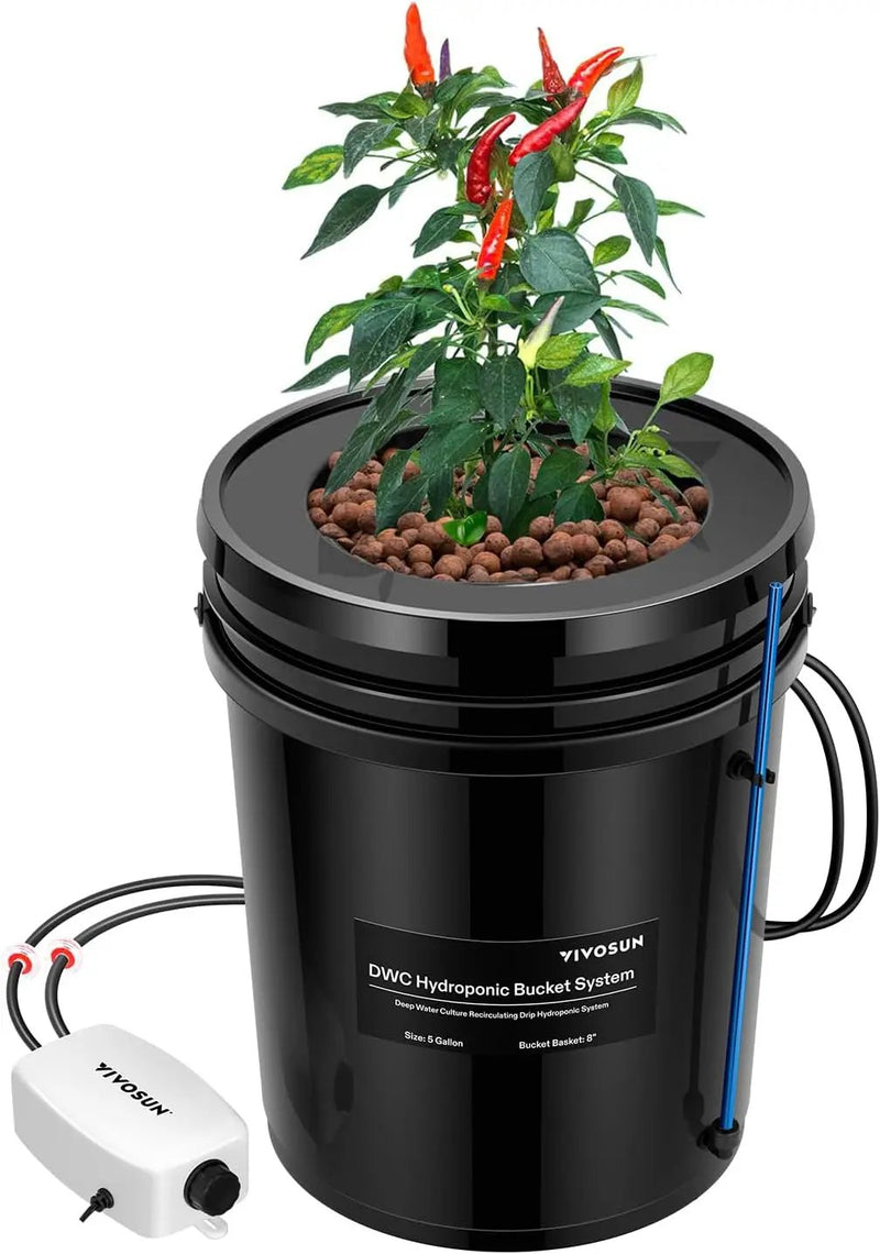 VIVOSUN DWC Hydroponics Grow System with Top Drip Kit, 5-Gallon Deep Water Culture, Recirculating Drip Garden System with Multi-Purpose Air Hose, Air Pump, and Air Stone (1 Bucket + Top Drip Kit) by GreenHaven Gardens