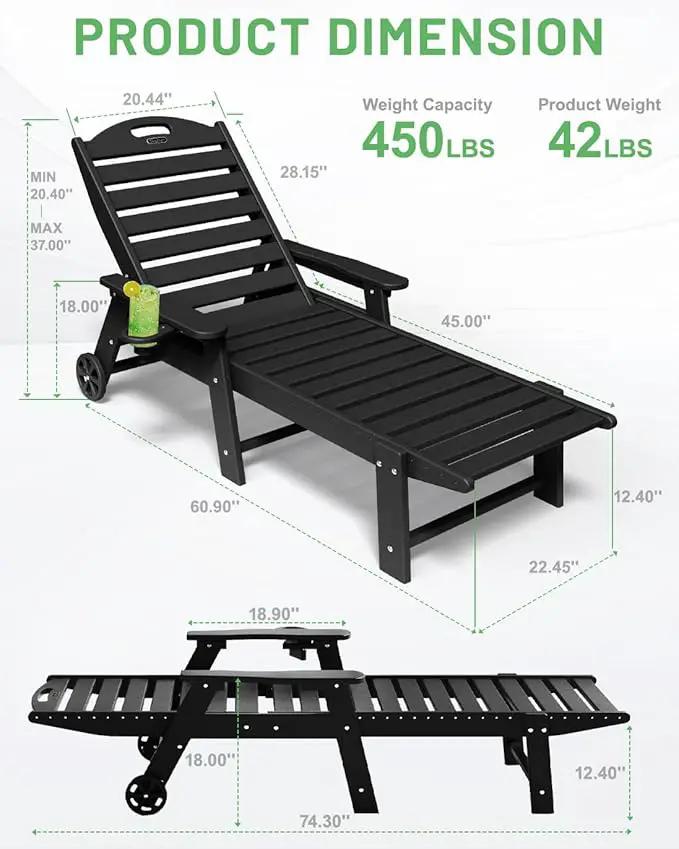Lounge Chair Outdoor Set of 2, HDPE Chaise Lounge Outdoor with 6-Position & Wheels &Cup Holder, Pool Lounge Chair for Pool Poolside Deck Backyard Patio, Black by GreenHaven Gardens