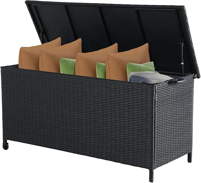 Grand patio 108 Gallon Deck Storage Box Indoor Outdoor Wicker Bin for Patio Furniture Cushions Garden Tools Pool Accessories, Black by GreenHaven Gardens