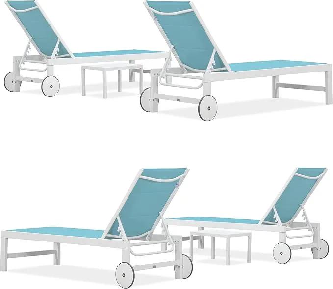 PURPLE LEAF Outdoor Chaise Lounge Staight Legs Adjustable Sunbathing Recliner with Side Table Blue 2 Sets by GreenHaven Gardens