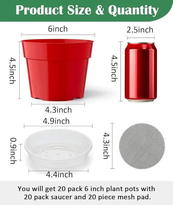 20 Pack 6 Inch Plant Pots, Thickened Plastic Flower Pots with 20 Pcs Water Collecting Trays, 20 Soil Block Mesh Pads, Red by GreenHaven Gardens