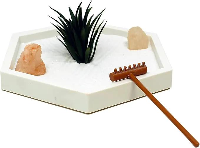 Nature's Mark Mini Zen Garden Kit for Desk with White Sand, Rake, White Base, Salt Rock and Air Plant (Hexagon) by GreenHaven Gardens