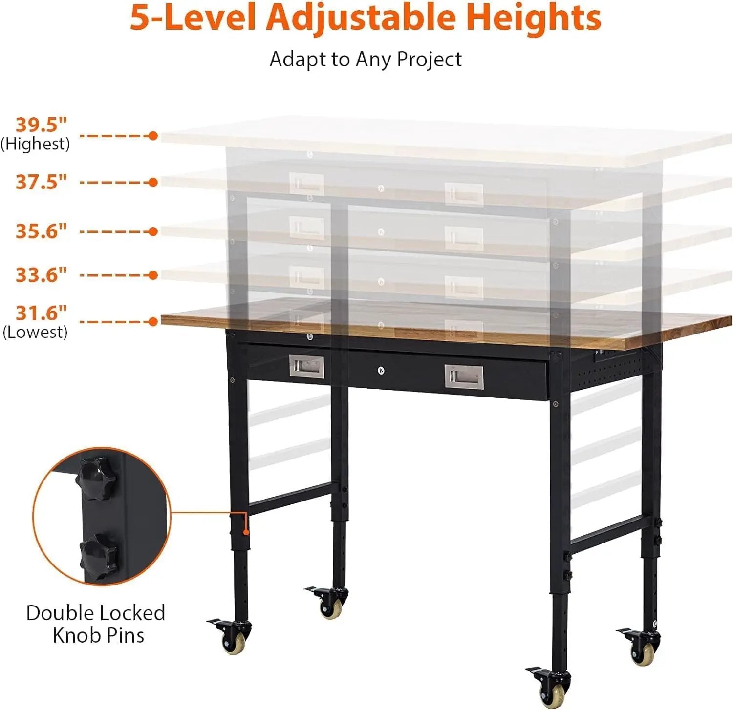 60-Inch Garage Workbench with Wheels, Adjustable Rubber Wood Top Garage Workbench with Pegboard & Drawer & Power Outlet, 2000 lbs Load Capacity, for Workshop, Woodworking, Office by GreenHaven Gardens
