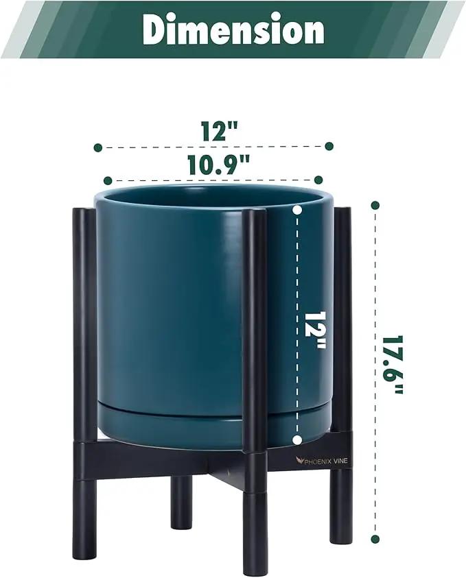 D'vine Dev Ceramic Planter with Ebony Stand - 12 Inch Modern Round Flower Pot with Wood Planter Holder, Teal, 55-B-H-4 by GreenHaven Gardens