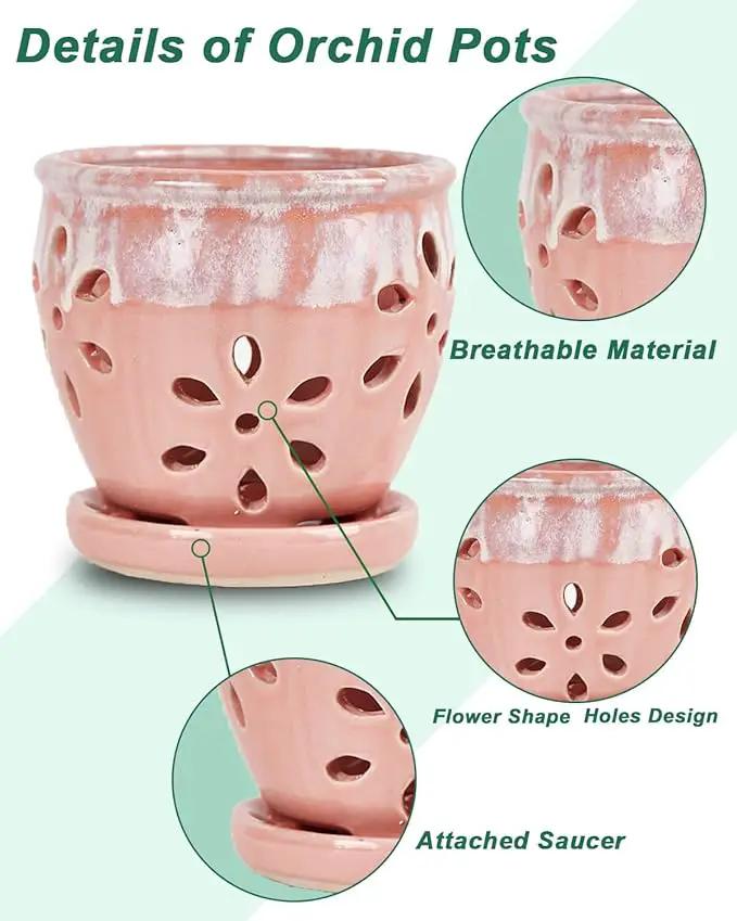 vensovo 5 Inch Ceramic Orchid Pots with Holes and Saucers - 1 Pcs Small Succulent Pot for Repotting, Garden Flowerpots for Plants Indoor and Outdoor Promotes Air Circulation, Pink by GreenHaven Gardens