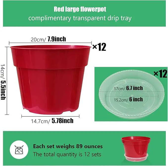 8 inch Plastic Flower Pots, Red Plant Pots 12Pack with Saucers for Indoor House Plants Growing and Decoration by GreenHaven Gardens