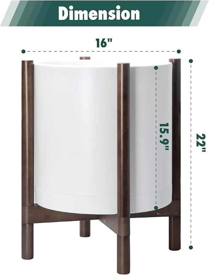 D'vine Dev Planter Pot with Stand - 16 Inch Plastic Cylinder Flower Pot with Wood Planter Holder for Indoor, Matte White Pot + Walnut Color Stand, 55-C-X-1 by GreenHaven Gardens