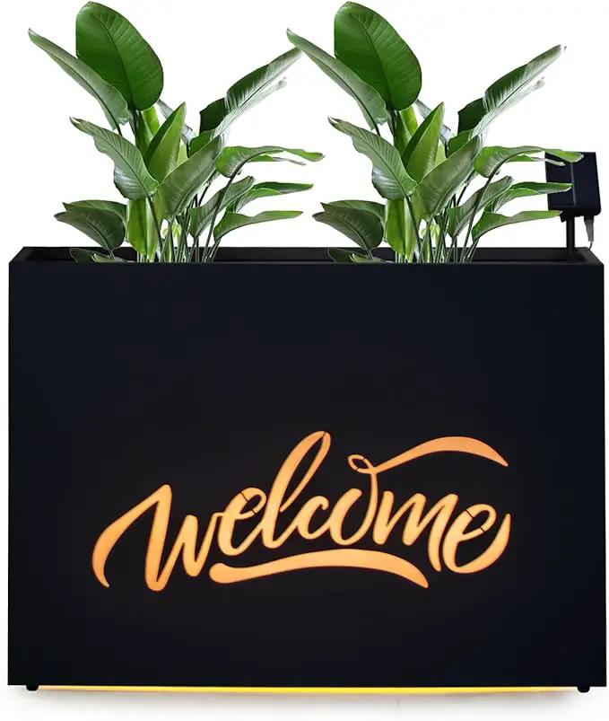 Metal LED Planter Box Rectangular Block - Galvanized Steel Long Planters Box with Solar Light Outdoor All-Weather Use with Drainage Holes for Cafe Bar Mall Store Patio/Porch/Entrance, 35.5×24×12IN by GreenHaven Gardens