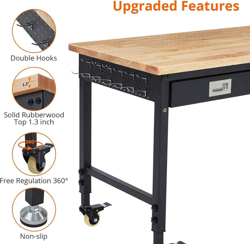 48x24 Inch Garage Workbench with Wheels, Adjustable Rubber Wood Top Garage Workbench with Power Outlet, 2000 Lbs Load Capacity for Workshop, Woodworking, Office by GreenHaven Gardens