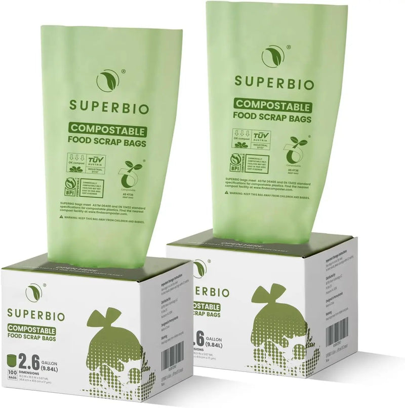 SUPERBIO 2.6 Gallon Flat Top Compostable Food Waste Bags, 100 Count, 2 Pack,9.84L, Food Scrap Bags, BPI Certified and OK compost INDUSTRIAL by GreenHaven Gardens