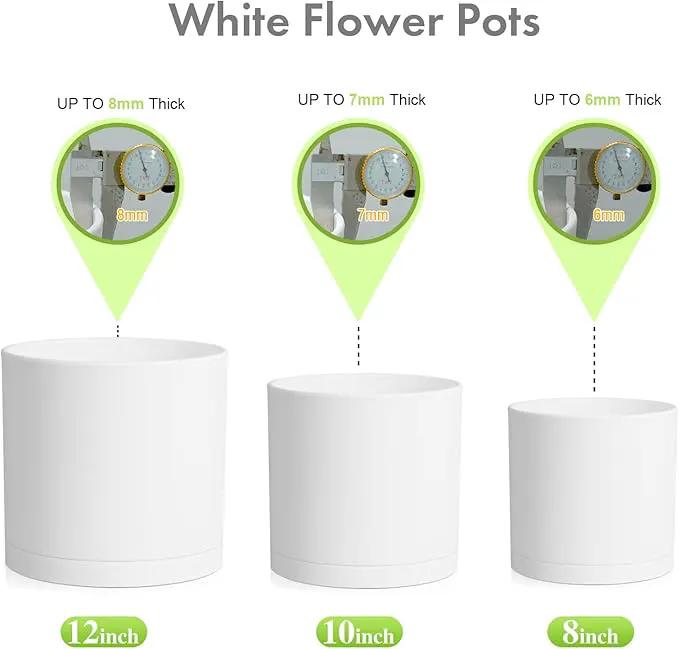 12/10/8 inch Large Plant Pots, 3 Pack Deep Cylinder Flower Pots for Outdoor Indoor Plants, Tall Plastic Planters with Drainage Holes and Saucers for Garden House Plants, White by GreenHaven Gardens