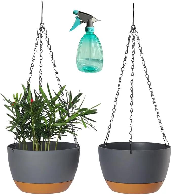 2 Pack Plastic Hanging Planters Set ,8.3 Inch Hanging Flower Plant Pot with Drainage Hole for Indoor Outdoor Plants, Round Hanging Basket with Removable Tray for Home Garden Porch Balcony Patio Decor by GreenHaven Gardens