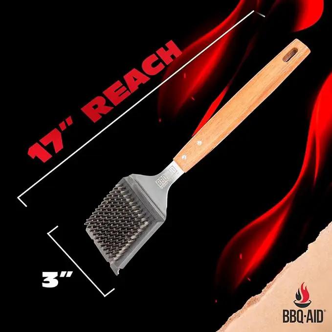 BBQ-Aid Grill Brush and Scraper for Barbecue – Grill Brush for Outdoor Grill with Extended, Large Wooden Handle and Replaceable Stainless Steel Bristles Head –No Scratch- BBQ Grill Brush for Any Grill by GreenHaven Gardens