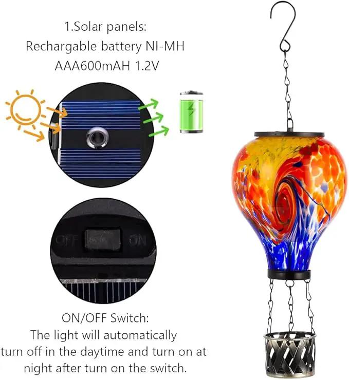 Starsoul Solar Hot Air Balloon Lantern with Flame Tie-Dye Style Hot Air Balloon Lamp Glass Outdoor Solar Hanging Lantern Waterproof for Garden Yard Patio by GreenHaven Gardens