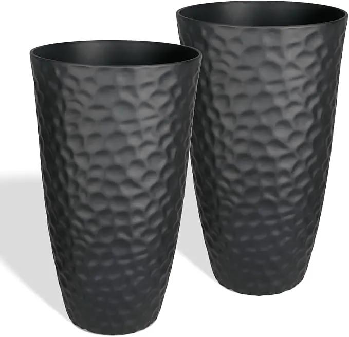 Worth Garden 24" H Tall Hammered Texture Planters Set of 2 - Matte Black Plastic Flower Pot with Drainage Holes, Modern Outdoor Indoor Lightweight Pots for Large Plants, Durable Decor Containers by GreenHaven Gardens