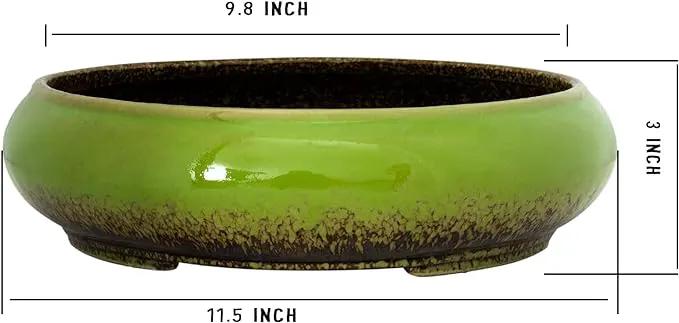 Succulent Pots - 11.5 Inch Ceramic Bonsai Pots with Drainage, Large Shallow Succulent Planters for Indoor Outdoor Plants, Round Glazed Cactus Flower Plant Container Bowl Home Desk Decor(Green) by GreenHaven Gardens