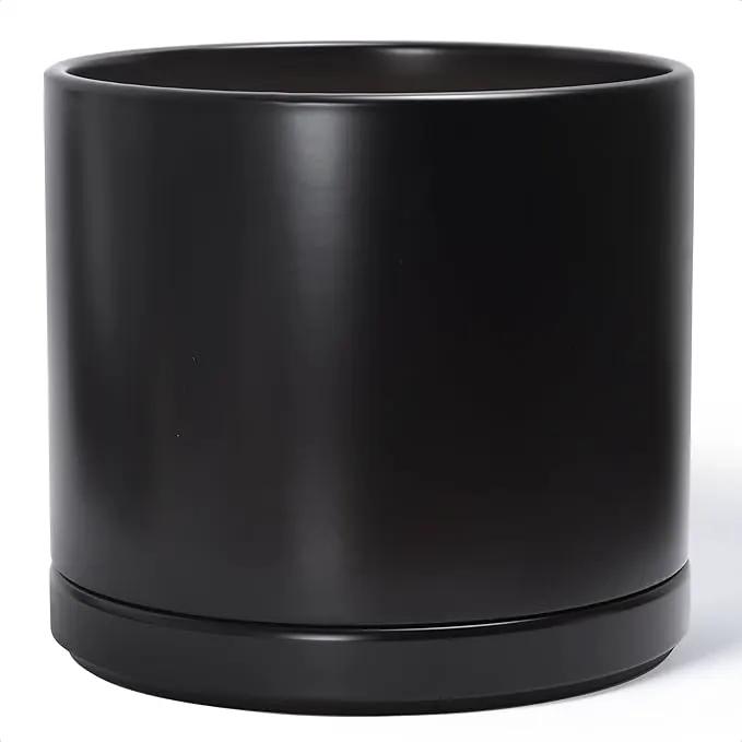 D'vine Dev 14 Inch Ceramic Planter Pot with Drainage Hole and Saucer, Indoor Cylinder Round Planter Pot, Black, 94-O-G-2 by GreenHaven Gardens