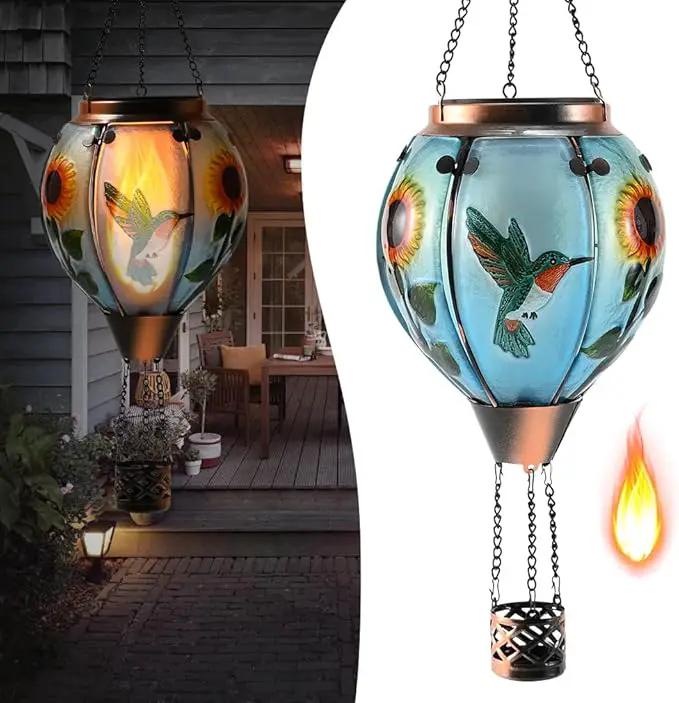 Hot Air Balloon Solar Lantern - Simulated Flickering Flame Hummingbird Glass Lantern, Outdoor Hanging Sunflower Yard Light Waterproof IP65 & Weather Resistant for Garden Patio Lawn Porch Decor Gfit by GreenHaven Gardens