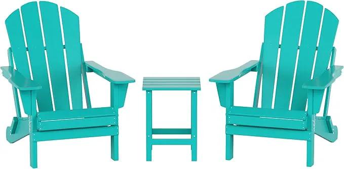 WO Home Furniture Adirondack Chairs Table Set of 3 PCS Outdoor Folding Chairs Side End Table Weather/UV Resistant for Lawn, Garden, Bon Fire, Balcony (Turquoise) by GreenHaven Gardens