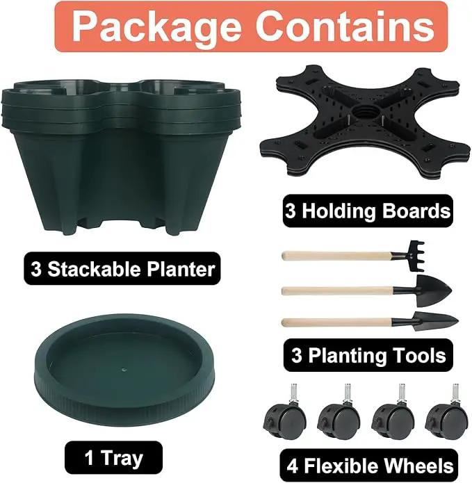Vertical Planter 3 Tier Stackable Planters Garden Planters Strawberry Herb Flower and Vegetable Planter Indoor Outdoor Gardening Pots with Removable Wheels and Tools by GreenHaven Gardens