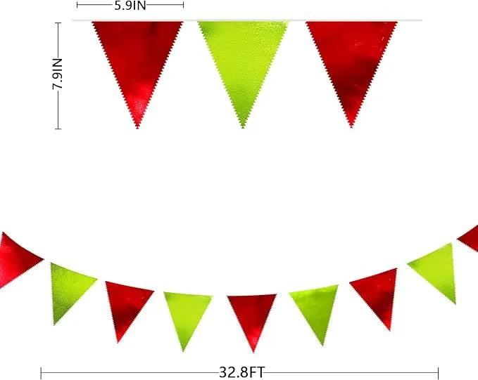Red and Green Metallic Fabric Triangle Pennant Banner Flag Bunting Garland for Merry Grinchmas Birthday Baby Shower Bachelorette Xmas Holiday Christmas Holiday New Year Party Decorations Supplies by GreenHaven Gardens