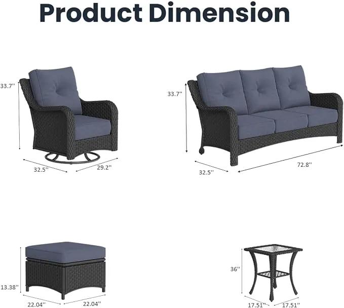 9 Pieces Outdoor Patio Furniture Sets with Rocking Swivel Chairs with 6-inch Thick Cushion and Side Table for Deck Lawn by GreenHaven Gardens