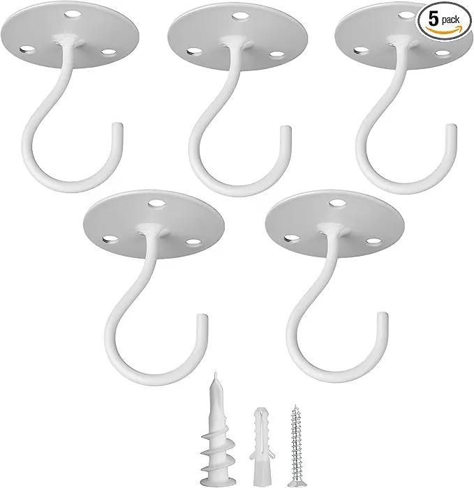 Ceiling Hooks for Hanging Plants- Metal Heavy Duty Wall Mounted Hangers for Hanging Bird Feeders, Planters, Wind Chimes, Include Professional Drywall Anchors (5 Pack) (Bright White) by GreenHaven Gardens