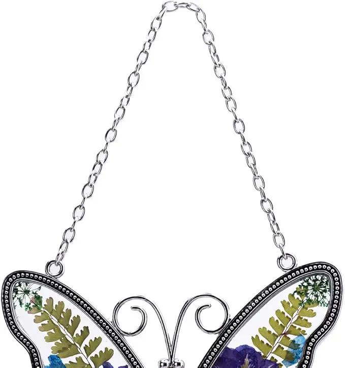 Laraine Butterfly Suncatcher with Pressed Colourful Flower Wings Mom Mother's Day Butterfly Glass Wind Chime Ornament Charm with Metal Heart Gifts for Mom Grandma Birthday (Purple Grandma) by GreenHaven Gardens