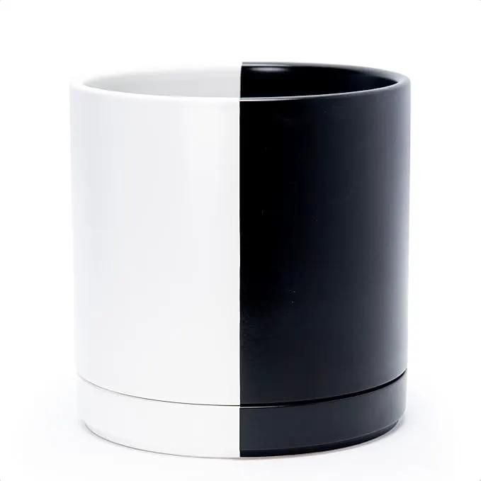 D'vine Dev 10 Inch Ceramic Planter Pot with Drainage Hole and Saucer, Indoor Cylinder Round Planter Pot, Split Monochrome Black & White, 94-O-E-0 by GreenHaven Gardens