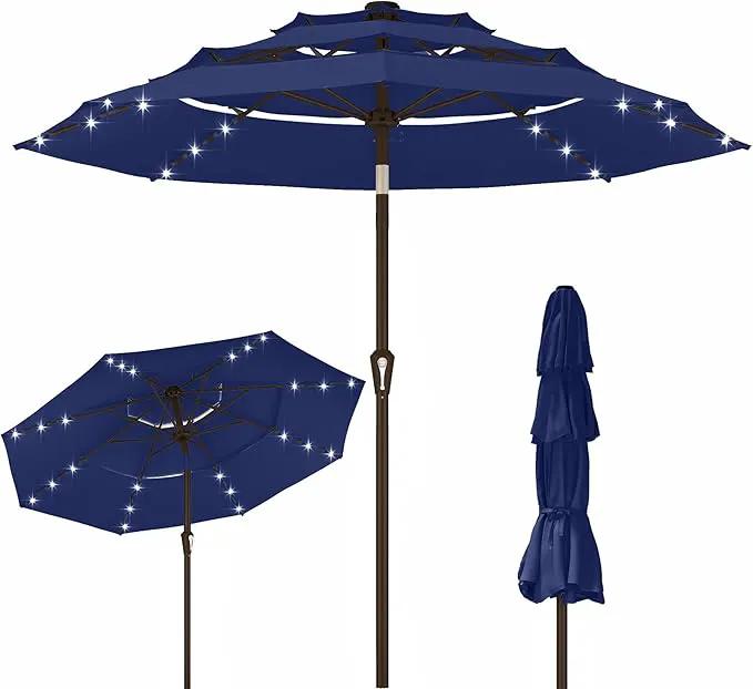 Kingdura 9ft 3-Tier Patio Umbrella with Solar Lights, Table Umbrella Outdoor Patio with Easy Crank & Tilt, 8 Sturdy Ribs, UV Protection, 32 LED Lights for Deck, Poolside, Market (Navy blue) by GreenHaven Gardens