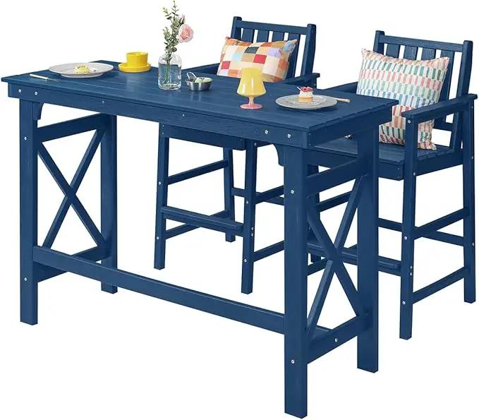 3 Pieces HDPE Outdoor Patio Bar Set, Rectangular Outdoor Bar Height Table and Chairs Set, Adirondack Patio Bar Stools Set, Outdoor Bar Table and Chairs Set for Balcony, Poolside, Porch, Navy by GreenHaven Gardens