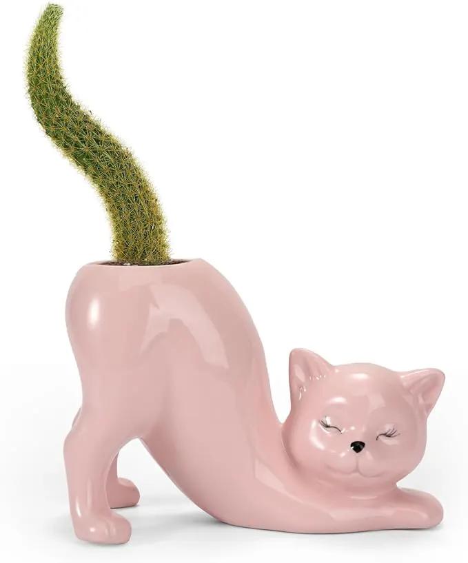TOIVO Cat Planter Pot，Indoor and Outdoor Plant Displays，Funny Ceramics Cat Flower Pot，Cat Gifts for Cat Lovers，Lovely Office Desk Room Home Decor (Pink, Small) by GreenHaven Gardens