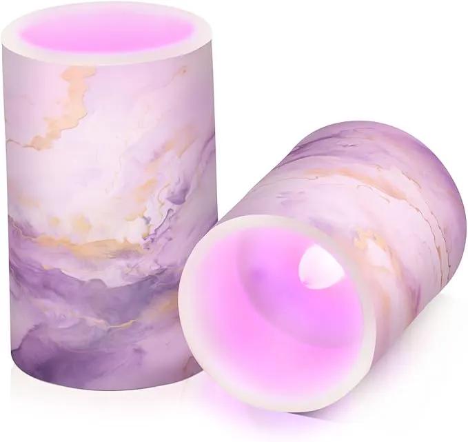 Flickering Flameless Candles, Purple Gold Marble LED Candles with Remote Timer, Set of 2 Battery Operated Candle for Valentine Wedding Birthday by GreenHaven Gardens