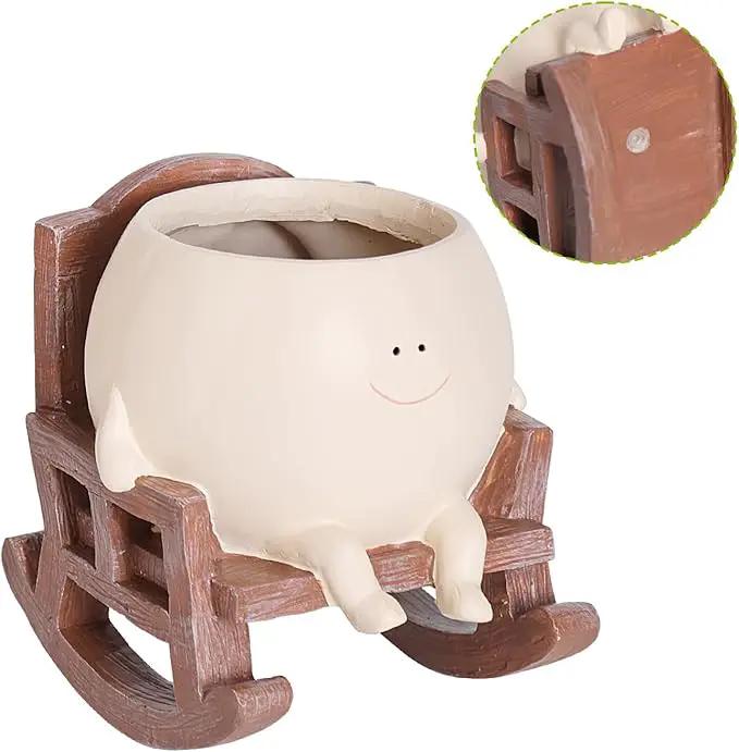 Smily Face Planter Pot Cute Resin Flower Head Planters for Indoor Outdoor Plants Unique Sitting Rocking Chairs Succulent Pots for String of Pearls Plant Live Gift Ideals with Drainage Hole by GreenHaven Gardens