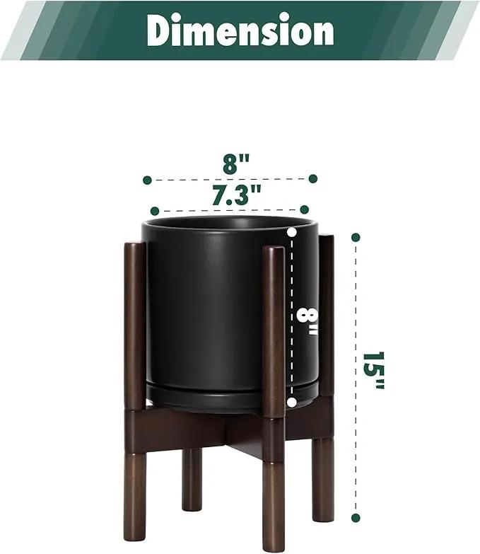 D'vine Dev Ceramic Planter with Walnut Color Stand - 8 Inch Modern Round Flower Pot with Wood Planter Holder, Black, 55-B-Y-2 by GreenHaven Gardens
