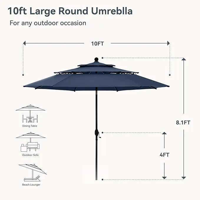 PHI VILLA 10ft Outdoor Patio Umbrellas for Outside, 3 Tier Vented Market Table Umbrella Windproof for Backyard, Deck, Garden, 1.5" Pole, Dark Blue（No Base） by GreenHaven Gardens